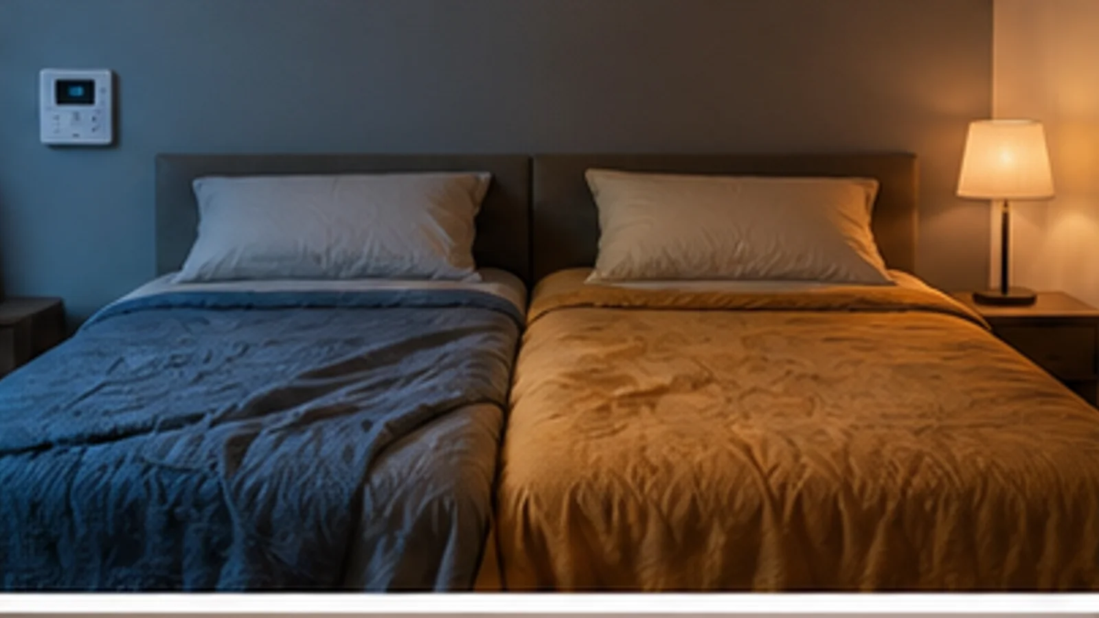 Lit double partagé entre un côté frais bleu et un côté chaud ambre avec un thermostat au mur.
