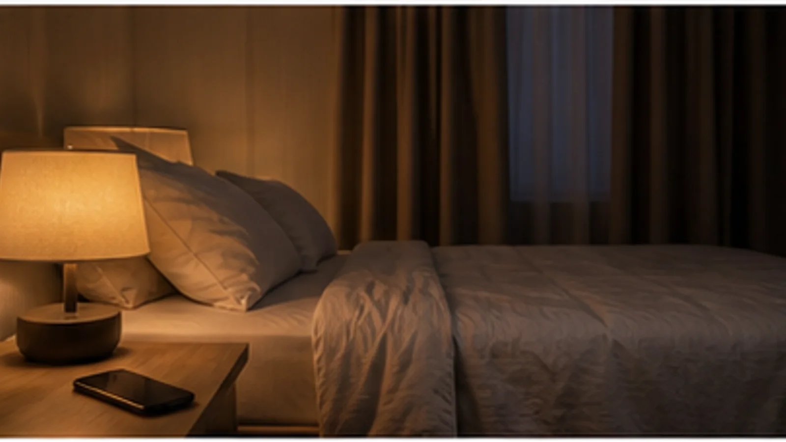 Chambre calme éclairée par une lampe de chevet ambre avec un téléphone posé loin du lit.