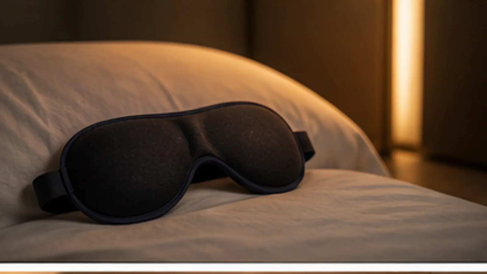 Masque de nuit noir posé sur un oreiller dans une chambre faiblement éclairée.