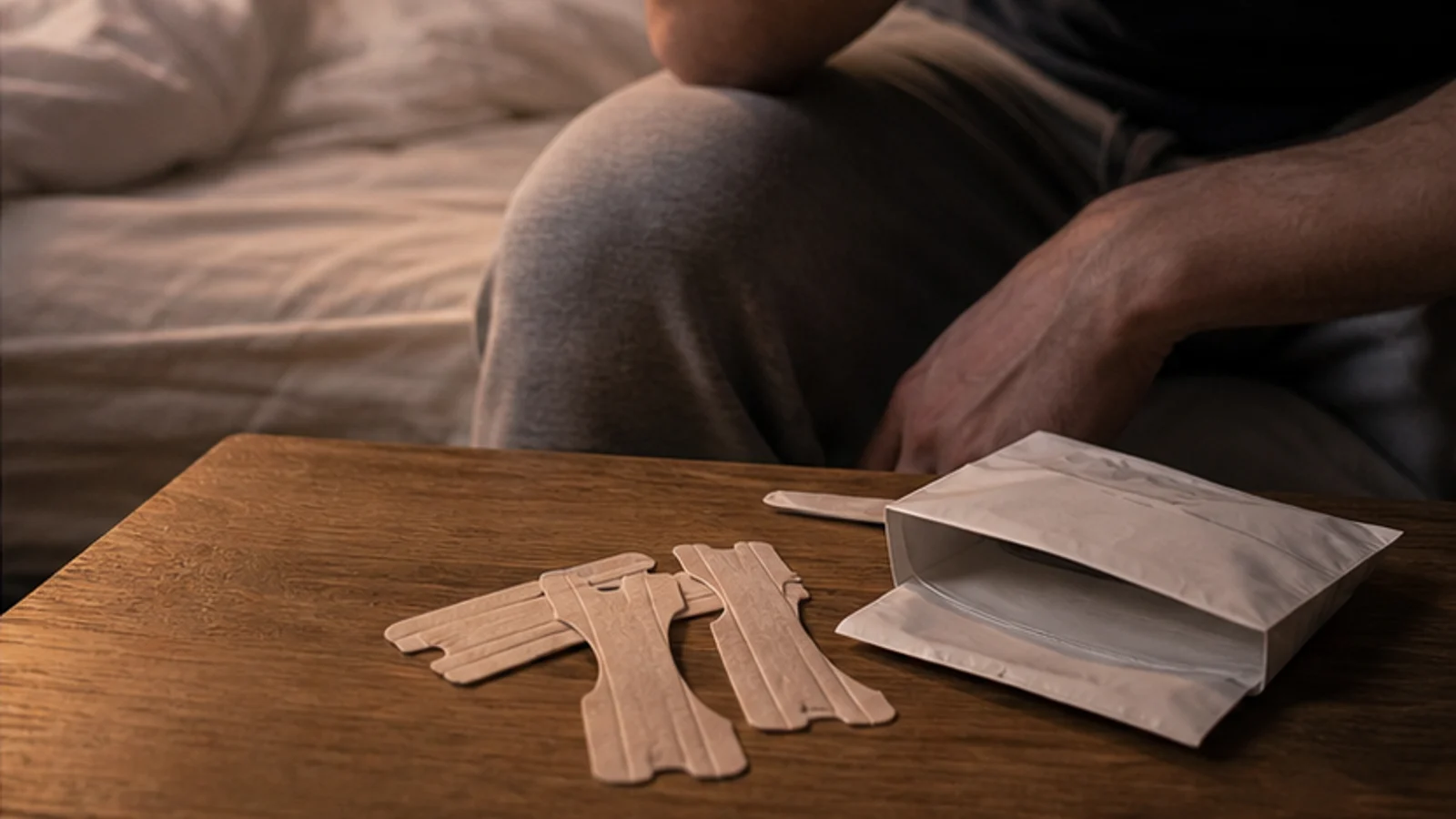 Homme fatigué au bord du lit avec des bandelettes nasales sur une table de nuit.