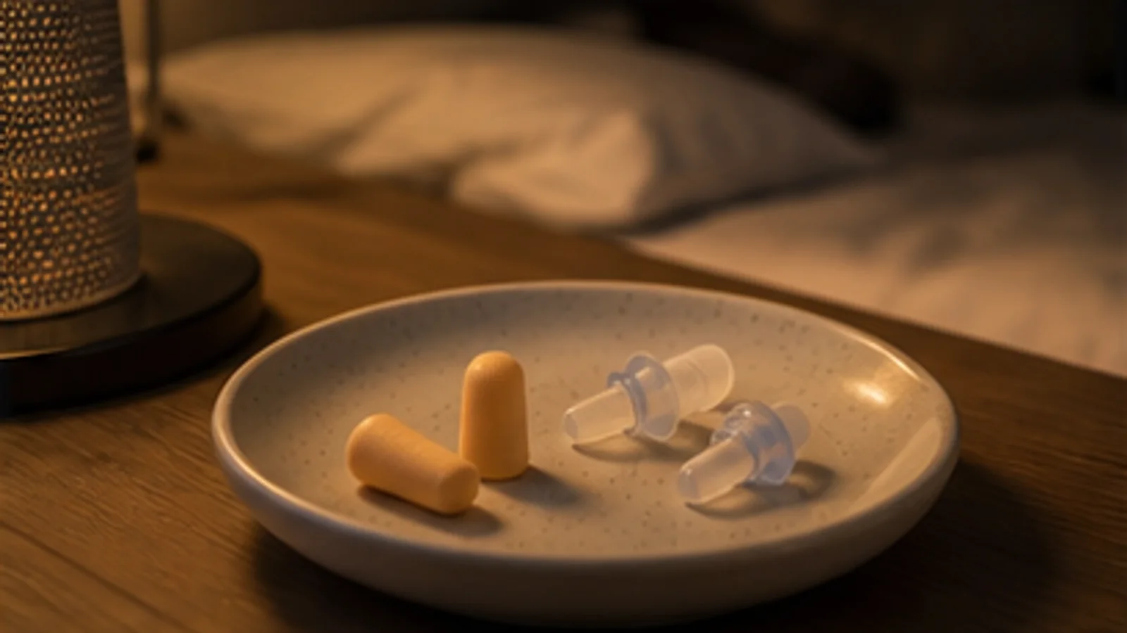Bouchons d'oreille en mousse et silicone dans une coupelle sur une table de nuit.